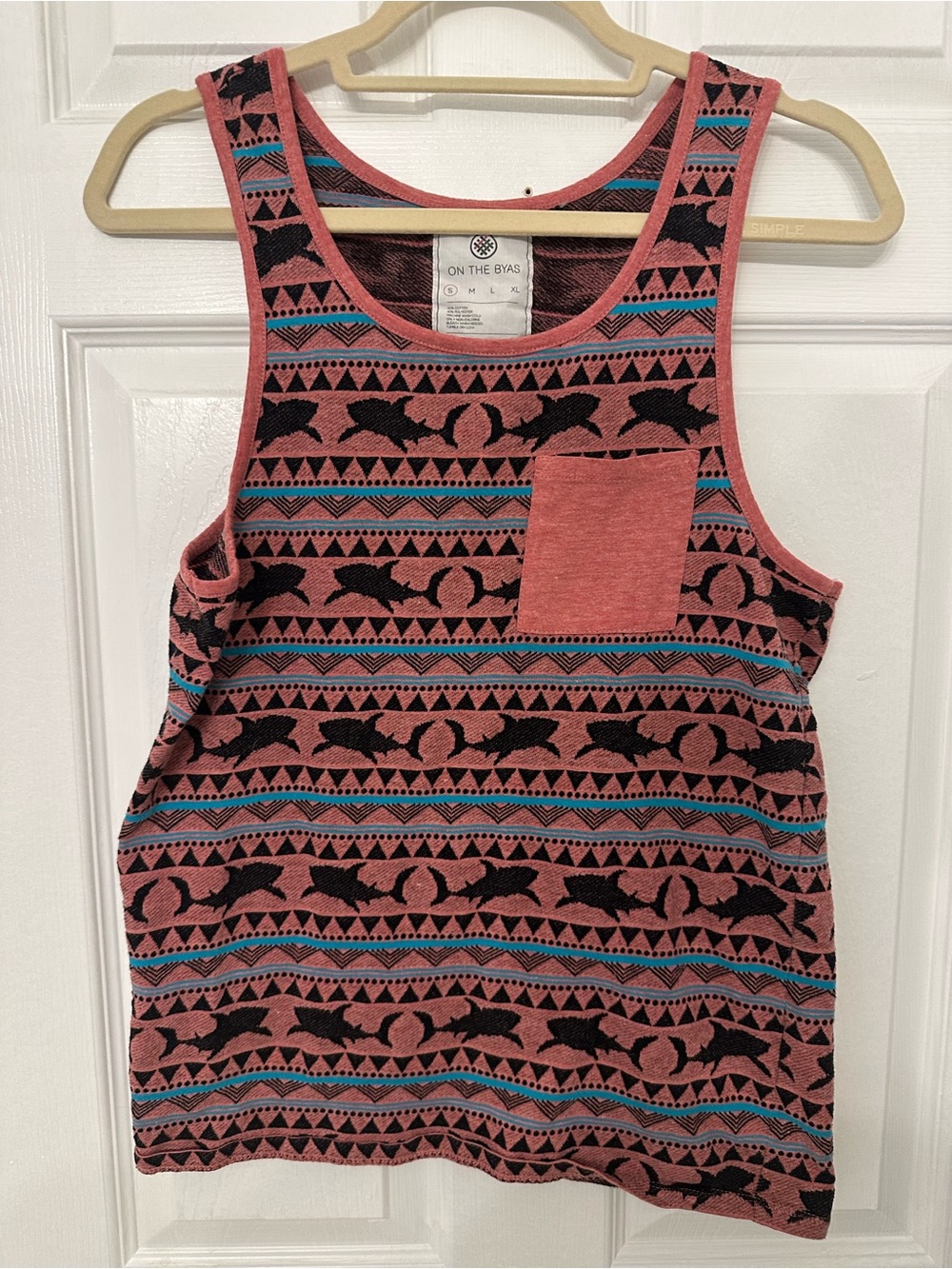 On The Byas Mens Small Shark Tribal Print‎ Tank Top Pink Teal Surf Beach Pocket